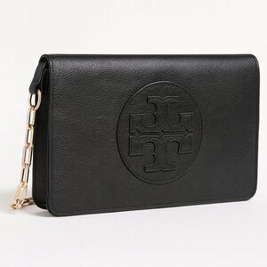Tory Burch Bombe Reva Leather Shoulder Bag Black Gold Chain Logo Clutch